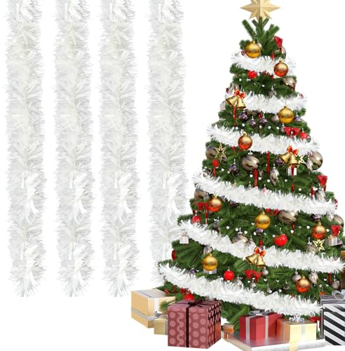 4X Weihnachten Lametta Girlande Weihnachtsbaum 3m Tannen Girlanden ø 9 cm Weihnachtsdeko Tannengirlande, Weihnachts Lametta Girlande für Weihnachtsdekoration Kamin Treppengelände Deko (Weiß)