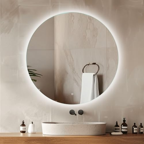 Venti 60 cm Badrumsspegel med Belysning, Rund LED Badrumsspegel, LED Väggspegel, Spegel för Badrum med Modern Design och Touchsensor med Naturlig vit Bakgrundsbelyst