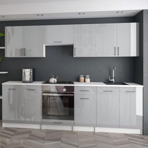 roe furniture Moderne Küchenzeile ohne Elektrogeräte in Grau Hochglanz - Einbauküche mit viel Stauraum - Erweiterbares 2,4-m-Set inkl. Arbeitsplatten in Weiß - 240 x 82 x 46 cm (B/H/T)
