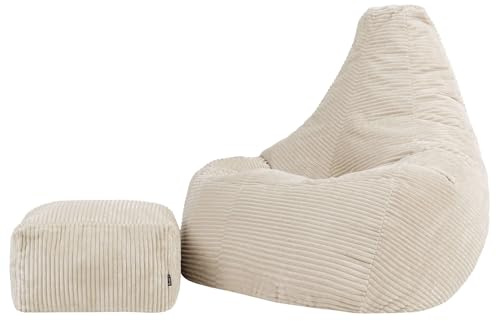 Icon Dalton XXL Sitzsack Cord und Hocker mit Füllung, Beige | In Deutschland Hergestellt, Sitzsack Erwachsene, Weicher Cordstoff, Gaming Sitzsack für Wohnzimmer und Schlafzimmer