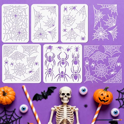 MAYJOYDIY 5 Stück Spinnen Schablonen Spinnennetz Malschablone Halloween Thema Zeichenvorlage Mit Pinsel Für Wand Möbel Papier Leinwand Scrapbook Dekor