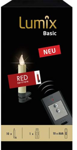 Lumix® Basic kabellose LED Christbaumkerzen von Krinner Weihnachtsbaumkerzen Tannebaumbeleuchtung warmweiß 10er-Set inkl. ON/OFF Fernbedienung (Rot)