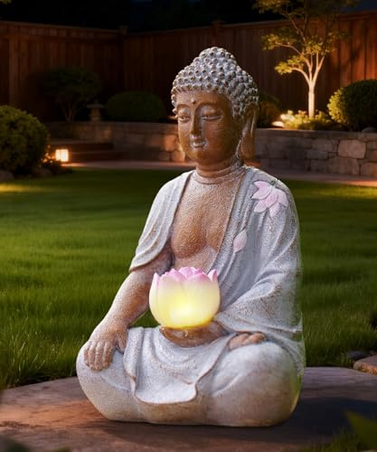 Goodeco Statue de Bouddha solaire avec lumières de lotus - 21 cm - Décoration de jardin zen assis pour terrasse, cour, balcon, décoration de jardin - Cadeaux pour homme et femme - Blanc