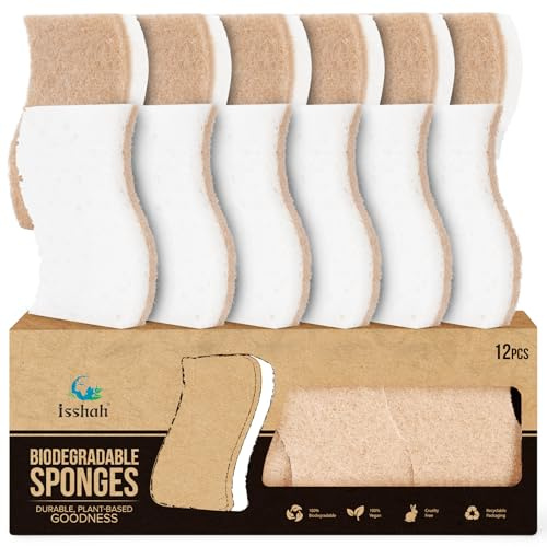 Isshah Natural Kitchen Scrub Sponges for Dishes - S-Shaped - 12 Count | FSC certified, PETA approved. Plant-Based, Non Scratch, Compostable, Non Toxic S-Shaped Natural Sponges for Dishes