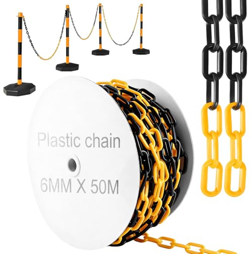 APACALI Absperrkette Kunststoff, Warnkette Plastikkett, Kunststoffkette zum Absperren, Kunststoff Absperrkette von Flächen (Schwarz Gelb, 50M)