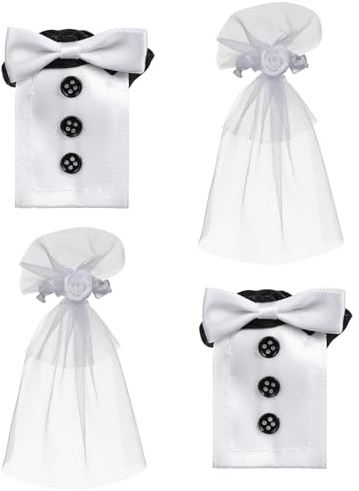 GARVALON Housse de Bouteille de Vin 4 Pièces en Tissu, Décoration Mariage | 2 Paires, Design Robe et Costume, Léger et Compact, Toucher Confortable, pour Bouteilles Lors D’un Mariage