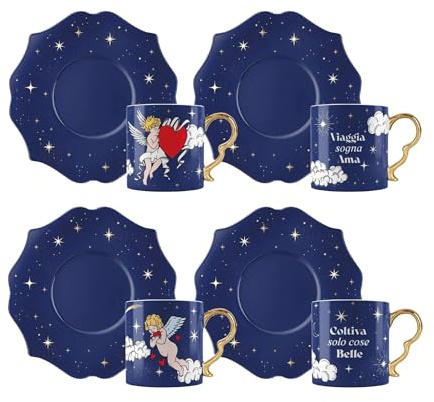 Bialetti Set 4 Tazzine Caffè Cielo Stellato Angeli Cupido Colore Blu