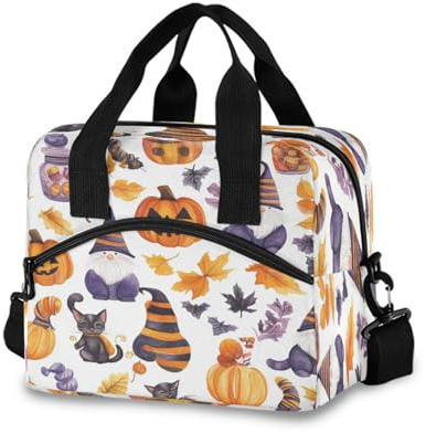 Ewusp Bolsa de almuerzo aislada con patrón de Halloween para mujeres y hombres, lonchera a prueba de fugas, reutilizable, con correa de hombro ajustable para el trabajo, picnic al aire libre