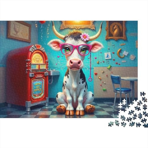 Cartoon Cow with Glasses 1000 Pezzi Carta Cow Jukebox Art Puzzle Familiare Per Adulti Taglio Preciso Senza Polvere Momento Calmo Regalo Famiglia Finitura Liscia 70x50cm/1000pcs