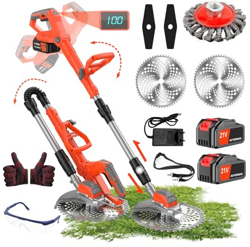 Decespugliatore a Batteria 21V, Tagliaerba Elettrico 2 Batteria 2000 mAh, L'asta l'impugnatura Regolabili e Pieghevoli, Per Rifinire Facilmente Giardino e Prati (Rosso-1)