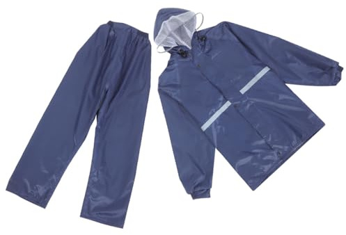 POPETPOP Combinaison de Pluie Fendue pour Moto et Vélo, Ensemble Veste et Pantalon, Double Couche Imperméable, Oxford, Bleu Marine, L, pour Hommes et Femmes, Nuit