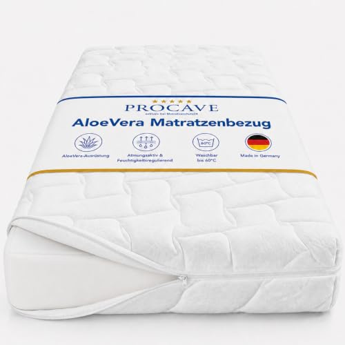 PROCAVE AloeVera Matratzenbezug versteppt, mit 4-Seiten Reißverschluss und 4 Handgriffen, 100% aus Deutschland in 140x200 cm für Matratzen-Höhe 18cm