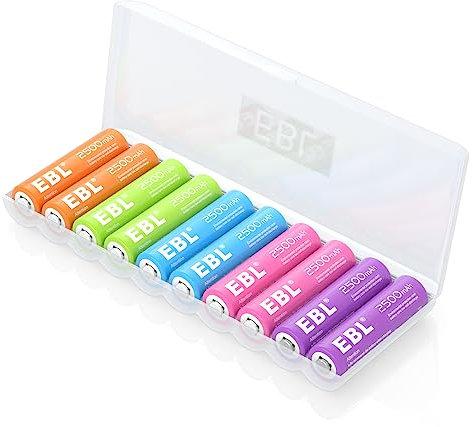 EBL 10 pcs 1.2V Arcobaleno AA Batterie Ricaricabili da 2500mAh, Pile Ricaricabili con Una Scatola Protettiva Bianca