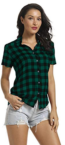 Aeslech Chemise Femme Chemisier à Carreaux Chic Boutonnée Manche Courte D'été