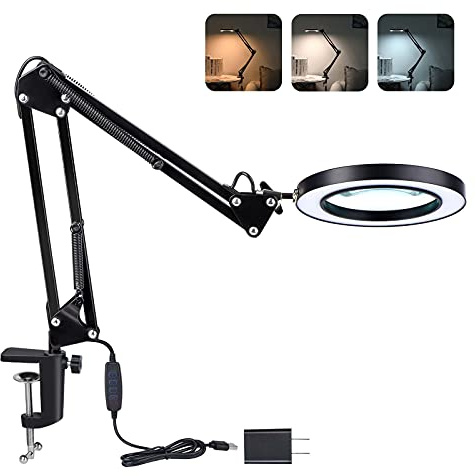 Magnifying Glass with Light and Stand, 3 Color Modes Stepless Dimmable, 5-Diopter Glass Lens, Adjustable Swivel Arm, LED Magnifier Desk Lamp for Close Work, Repair, Crafts, Reading - Long