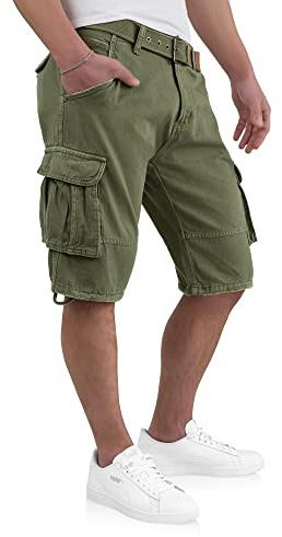 Indicode Kjeld Cargoshorts för män med 6 fickor, inkl. tygbälte av 100 % bomull, korta cargobyxor, bermudashorts, korta sommarbyxor, herrshorts, Armé, XL