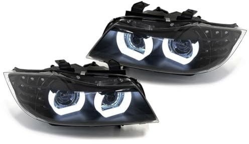 05458 - OPTIQUES PHARES NOIRS ANNEAUX LED 3D AU XENON COMPATIBLE BMW SERIE 3 E90 & E91 2008-2012 PH2
