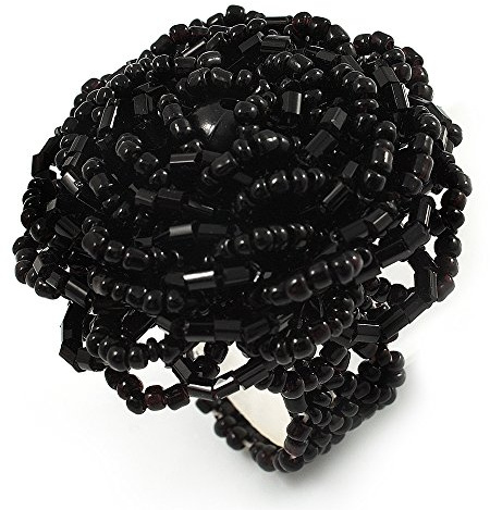 Avalaya Bague élastique en forme de fleur avec perles en verre noir 40 mm, taille unique, Verre