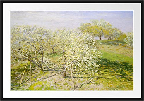 Pixxprint Claude Monet - Frühling Apfelbäume in der Blüte Bilderrahmen mit Galerie-Passepartout, Format: 55x430cm, garahmt, hochwertige Leinwandbild Alternative