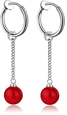 Ohrringe Damen 316L, Ohrringe Creolen Männer Chirurgenstahl Hoop Roter Ohrclip Rund mit Perle Schmuck