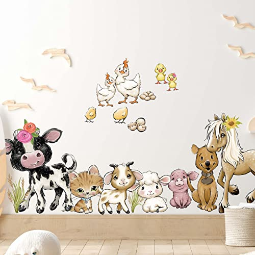 WANDKIND Bauernhof Wandtattoo Kinderzimmer V360 | handgezeichnet | AUFKLEBER Kindergarten | Babyzimmer Wandsticker Pferd Schwein Kuh Hund Huhn Katze (60 x 60 cm)