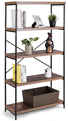 COSTWAY 3/4/5-Tier Bookshelf, Wooden Storage Bookcase Ladder Shelving Unit with X-Shaped Bar, Freestanding Metal Frame Display Rack Plant Stand (Brown, 79 x 35 x 159 cm)