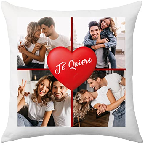 El Cajon Friki Cojín Personalizado para San Valentín con Fotos Texto Relleno Incluido Regalo Pareja Enamorados para Hombre (4 de Corazones)