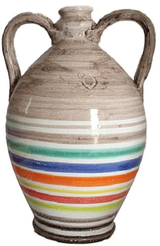 Ceramiche Angela Rinaldi – Anfora Fiasca in Ceramica di Vietri Dipinta a Mano Maioliche Design Terracotta (Righe, Altezza cm 25 Diametro Pancia cm 16 kg 1,50)
