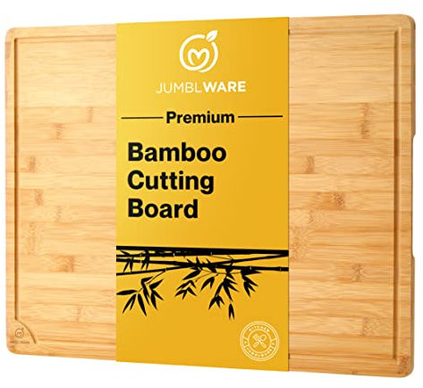 JumblWare Tabla de cortar de bambú. Bandeja de madera resistente con asas y ranura para jugos para carne, queso, frutas, verduras y embutidos. Grande, 24 x 18 pulgadas