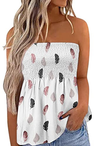 Edhomenn Women Summer Y2k Tube Tops Sleeveless Gradient Color Pleated Bandeau Loose Flowy Tank Vest Shirt (A-Pink Feather, XL)