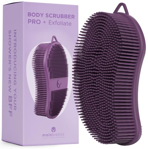 MainBasics Limpiador corporal de silicona, exfoliante de ducha de doble cara para hombres y mujeres, alternativa suave de lufa de silicona para una limpieza profunda (morado, exfoliante)