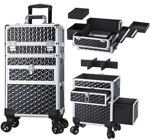 Joligrace Rolling Makeup Case with Drawers - Tattoo Storage Organizer Travel Cart for Nail Tech, Cosmetology, Barber Tools - Portable Suitcase on Wheels