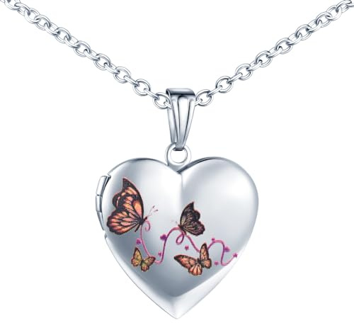 INFINIONLY Damen Mädchen Herz Medaillons Halskette Mode Edelstahl Ketten mit Bunter Schmetterling Anhänger Personalisierte Foto Kette Souvenir Anhänger