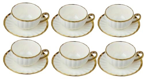 6 juegos de tazas de cerámica con platillos, 6 tazas de café con llantas doradas y 6 platos de platillos de 90 ml (6 tazas con 6 platillos)