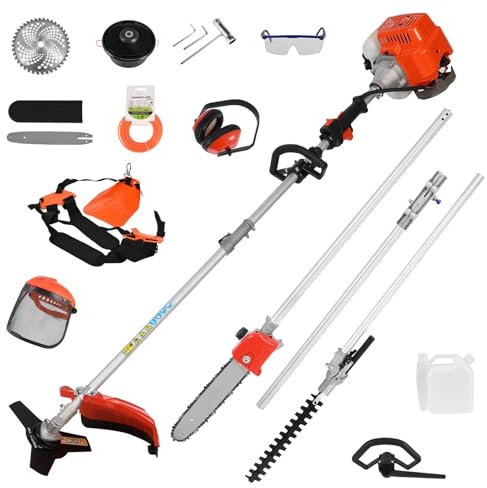 52cc Long Reach Multi-Functional Garden Tool: Petrol Strimmer & Brush Cutter, Extendable Hedge Trimmer, Pruner Chainsaw, Grass Trimmer, Extension Pole Orange