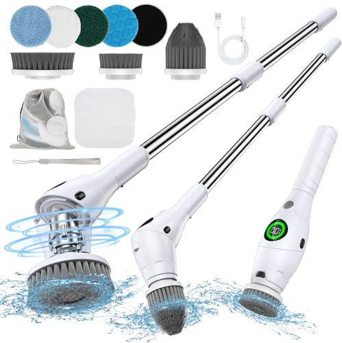 Electric Spin Scrubber,Electric Cleaning Brush with Handle and 8 Replaceable Brush Heads,460RPM/Mins-3 Adjustable Speeds-120Mins Work Time,1-100% Battery Display Electric Scrubber for Bathroom,Kitchen