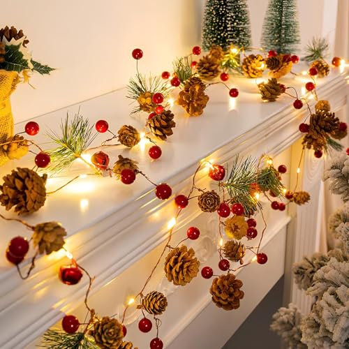 Songlypian Christmas Garland,2M 20 LED Pine Cones Light,Christmas Garland with Lights, Bell Garland LED String Lights, Indoor Outdoor Decor for Home Garden Thanksgiving Xmas Holiday