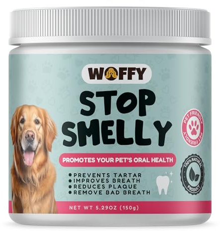 Woffy Stop Smelly Polvo Dental para Perros, 150g, Higiene Bucal con Probióticos, Alga Ascophyllum, Té Verde y Romero, Reduce Placa y Sarro, Aliento Fresco