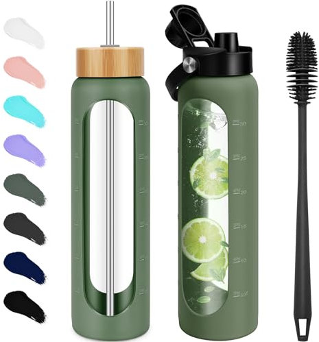 FULBEVY 25 oz Glass Water Bottles - Motivational Tumbler Water Bottle Time Marker - Borosilicate Glass Water Bottle With Silicone Sleeve and 2 Lids, Handle Spout & Bamboo Straw Lid (Olive)