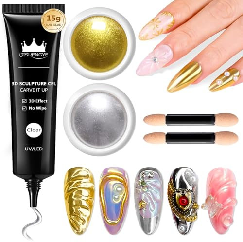 BISHENGYF 3D Skulptur Nail Gel: Upgraded 2pcs Mirror Metallic Effect Chrome Nail Powder,Gold und Silber Chrome Pulver Nägel,Clear Solid Base Colour 3d Nail Gel Design DIY Nail Art Enthusiast Home