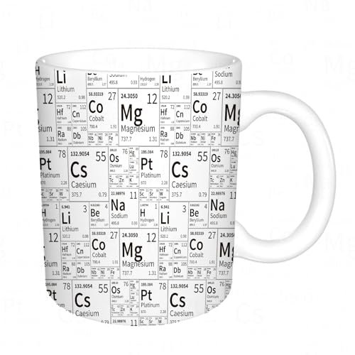 KDWJS Tasse Keramik Kaffeetassen Große 11oz Tassen 330ml Trinkgläser Mit Griff Personalisierte Geschenk Weiß,Viele chemische Elemente aus dem Periodensystem Schwarz-Weiß-Muster