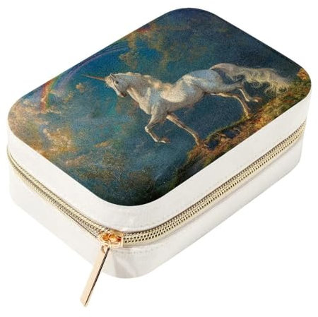 Eslifey Kleine Schmuckschatulle mit Regenbogen-Einhorn-Malerei, doppellagig, Reise-Schmuck-Organizer für Frauen und Mädchen