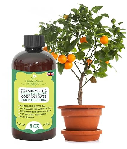 Premium Liquid Citrus Tree Plant Fertilizer - 3-1-2 Concentrate for Indoor Plants and Flowers by GardenNova | Organic Plant Food for Citrus Trees - 8oz