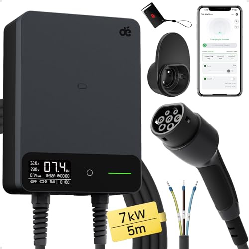 dé Wallbox 7,4 kW Tipo 2 con App, Cavo Tipo 2 5m, RFID, Wallbox Monofase 6-32A 230V, Colonnina Ricarica Auto Elettrica 7kW con RCD Tipo A 30mA AC + 6mA DC, IP54, per E-208 e Altri BEV/PHEV, Nero