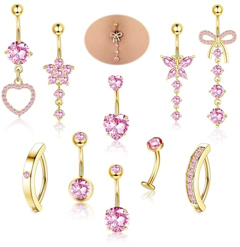 Diamday 10pcs Piercing Ombligo Acero Quirúrgico Piercing Ombligo Aro 14G Corazón Mariposa Flor Dangle Vientre Anillos para Mujeres Vientre Barras Barbell Ombligos Piercings Joyería