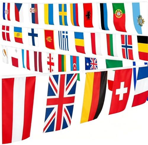 Eurovision - Banderines para fiestas, banderines de tela de 37 países, bandera europea, 12 m de largo, decoraciones de concurso de Eurovisión 2025 para interiores y exteriores, jardín, bar (banderines