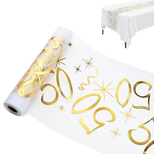Tischläufer 50. Geburtstag, Tischdeko Geburtstag 28 cm x 10 m, Tischläufer Gold Rolle, Frau Mann, Tischband Tischdecke, Party Jahrestag (50 Jahre)