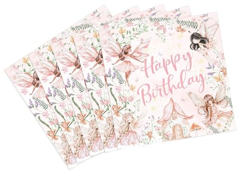 Tourima Feen Geburtstag Deko, Servietten Geburtstag Mädchen 33x33cm, 20 Stück, Feen Design in Rosa, Blumenmotiv, 'Happy Birthday' Papierservietten für Partydekoration Servietten Schmetterling