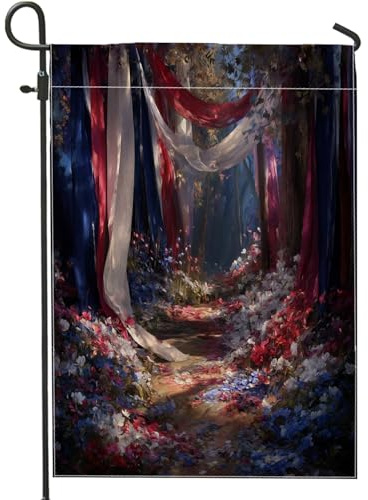 Drapeau de jardin patriotique de la forêt, rouge, bleu, blanc, bannière florale, décoration de cour saisonnière double face, décoration de pelouse extérieure 30,5 x 45,7 cm