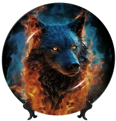 WLKSNBVD Assiette décorative en porcelaine anglaise de 15,2 cm, tête de loup dans des flammes bleues, assiettes à dîner en céramique avec support de présentation, assiettes en porcelaine pour